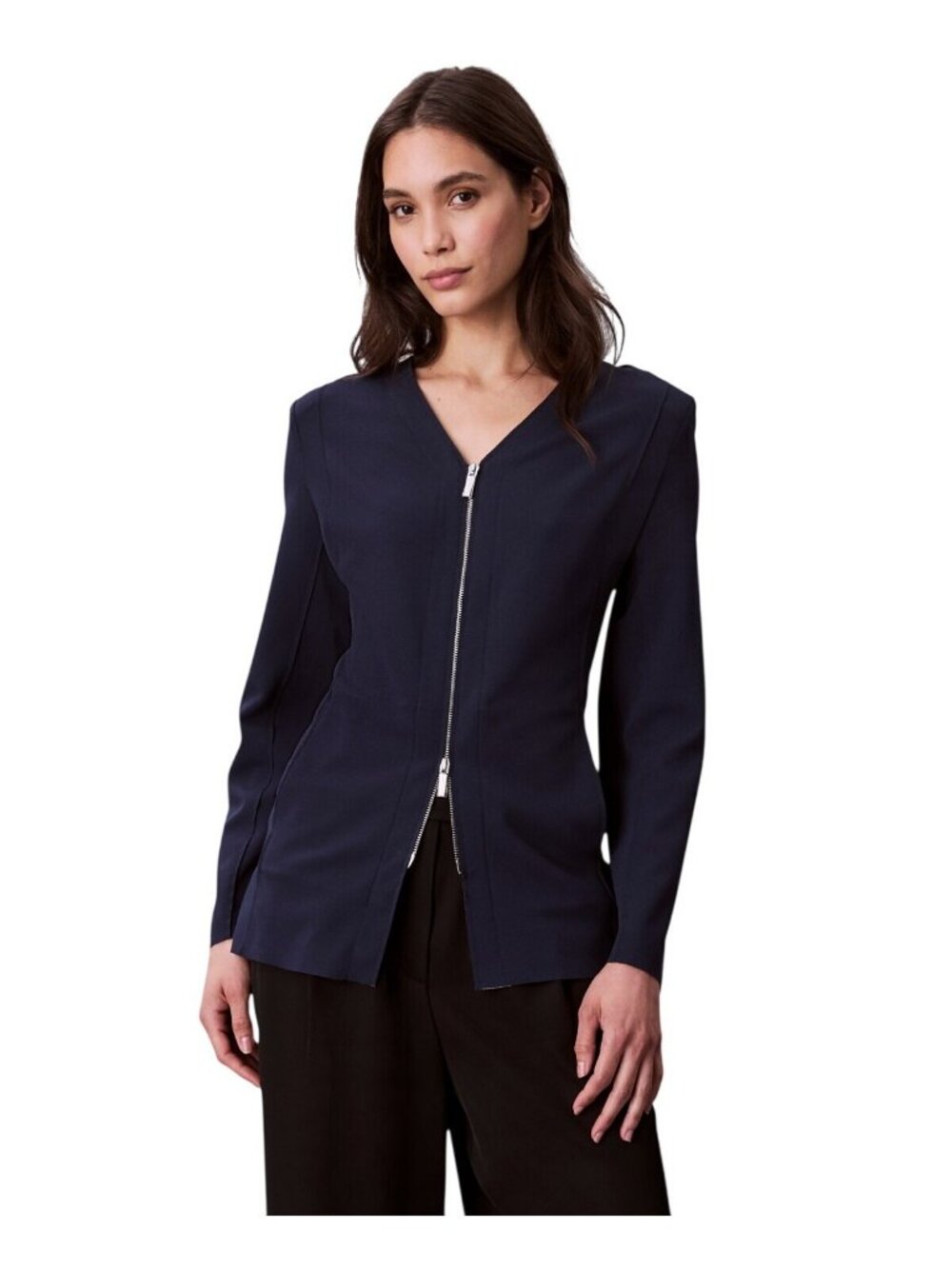 NWT Calvin Klein Stretch Crepe Zip Front Jacket 44C442G Dark Sapphire Blue XS